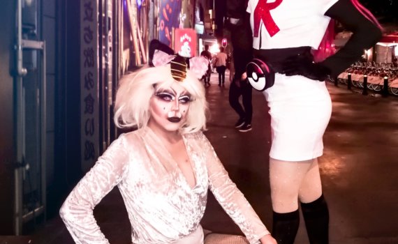 two women wearing costumes